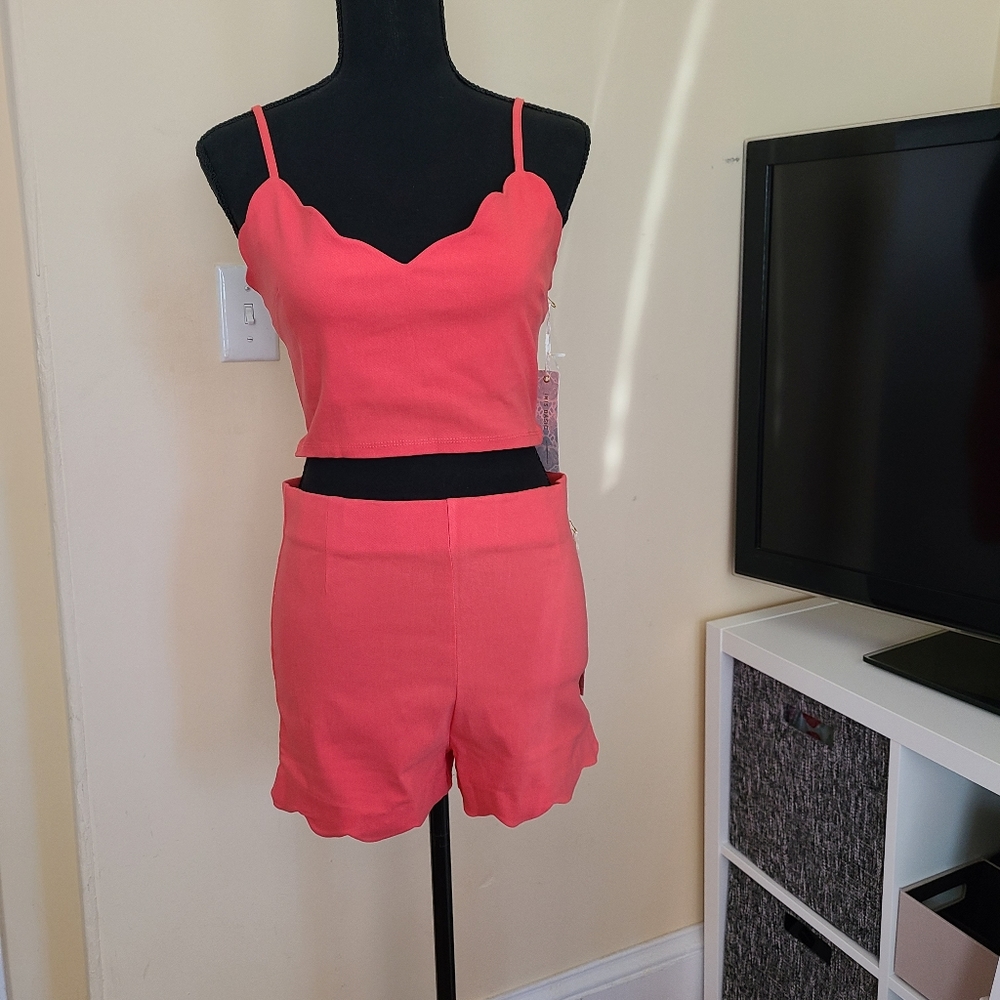 Coral Scallop Detail Top & Shorts Set - adjustable straps